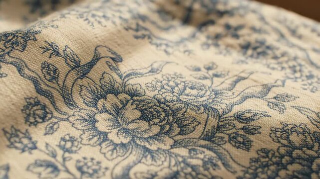 Cinematic close up of textured vintage French floral fabric with elegant light blue and white patterns and soft shadows moving slowly