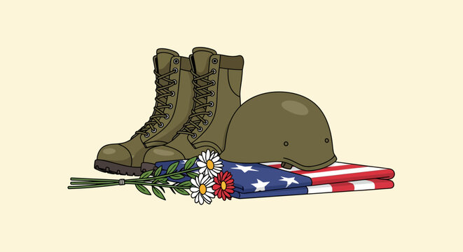 Military Memorial Illustration with Soldier Boots, Helmet, Folded American Flag and Flowers for Memorial Day or Veterans Day Tribute