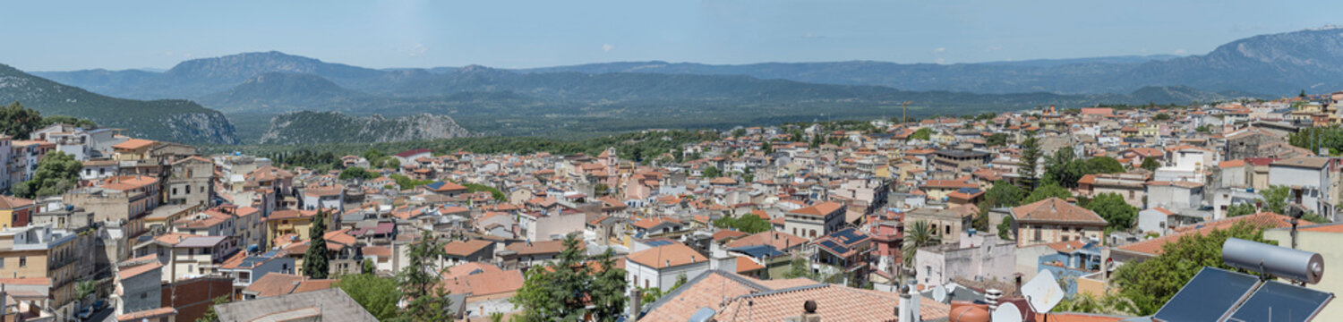 aerial of central district at historical town, Dorgali, Italy