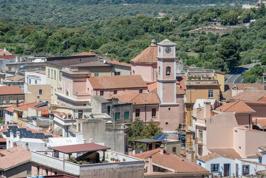 aerial of santa Caterina church at historical town, Dorgali, Italy