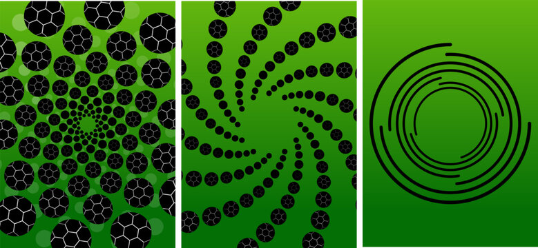 Abstract soccer background set with spiral football tunnel effect and geometric circular line vortex on green gradient backdrop