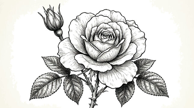 Vintage rose botanical illustration, hand drawn black and white flower sketch, elegant floral vector art with blooming rosebud and detailed leaves