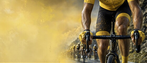 Cyclist riding bicycle in professional road race. Athlete competing in championship with group of riders. Endurance sport, outdoor training and competition speed. Banner with copy space