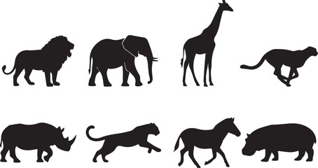 Obraz premium African safari wild animals black silhouettes collection featuring lion elephant giraffe cheetah zebra and hippo