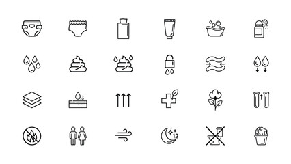 Fototapeta premium Collection of various line icons related to baby care and hygiene products and symbols diapers and toiletries and medical supplies