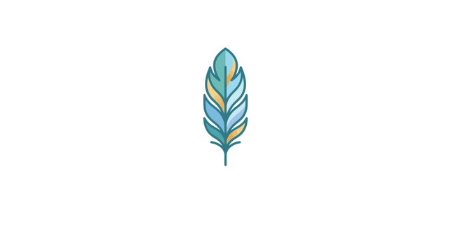 A stylized colorful feather illustration with blue and yellow tones on a white background.