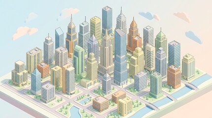 Fototapeta premium Isometric city skyline with modern skyscrapers and office buildings