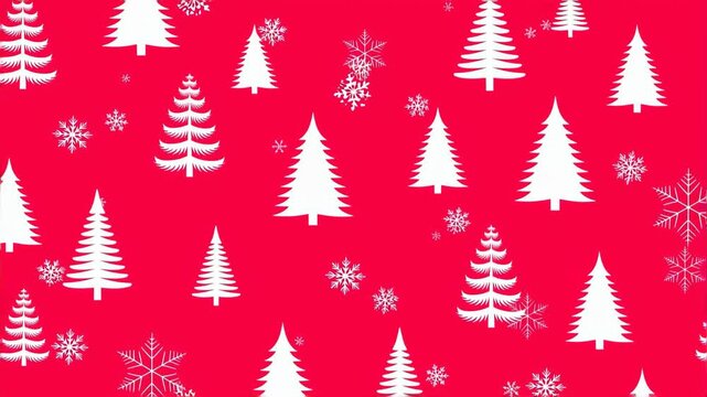 Seamless festive pattern with white Christmas trees on red background
