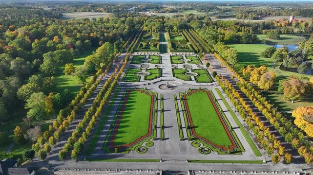 Stockholm. Aerial drone view of the capital of Sweden, popular tourist attraction, gardens of Drottningholm Castle (Drottningholms Slott), residence of the Swedish King - panorama of Europe from above