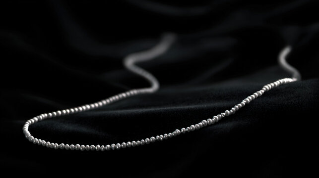 luster. A single strand of pearls arranged in curves on black velvet with soft lighting. lifestyle magazines, social media lookbooks, designed for lifestyle magazines and social media content.
