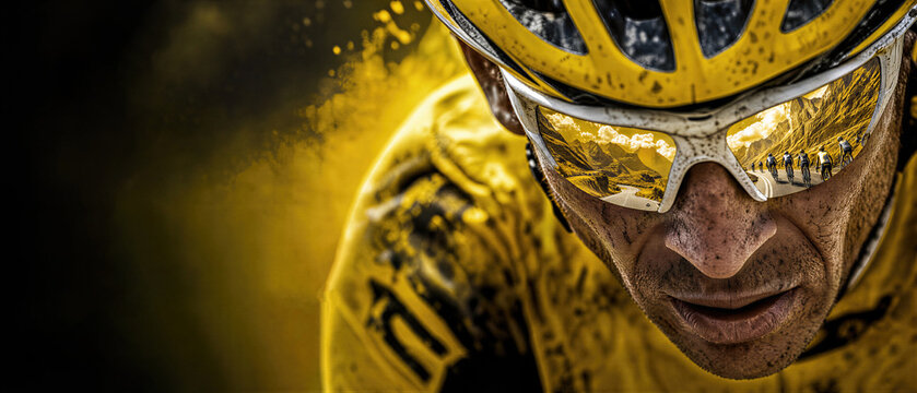 Close up of male cyclist in yellow jersey with road race reflection in sunglasses. Intense professional cycling championship atmosphere. Banner with copy space