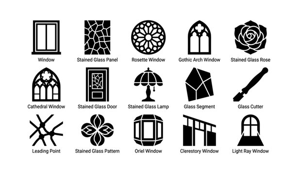 Window and stained glass symbols arranged in a grid layout