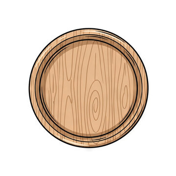 Top view of an empty round wooden cutting board or serving platter with a grooved edge, realistic vector illustration isolated on white background
