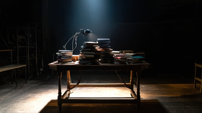 backstage. A table in the wings of a stage, stacked with bound scripts under dramatic lighting. event programs, museum guides, designed for cultural heritage projects and event programs.

