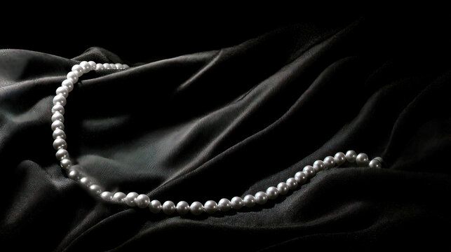luster. A single strand of pearls arranged in curves on black velvet with soft lighting. lifestyle magazines, social media lookbooks, designed for lifestyle magazines and social media content.
