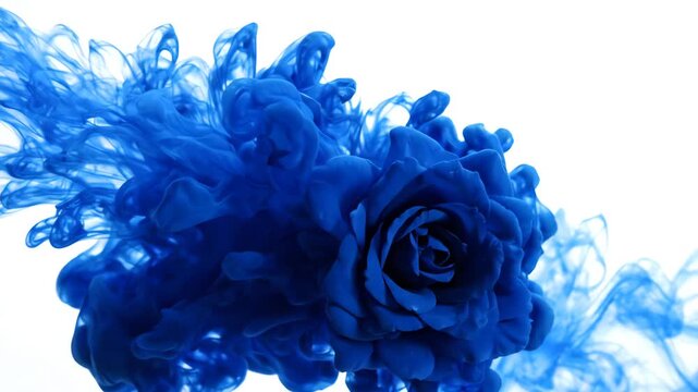 Cinematic slow motion of blue ink swirls forming abstract floral patterns against a clean white background in a dreamlike sequence