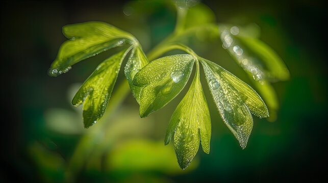 lovage. Fresh green lovage leaves glistening with morning dew. gardening catalogs, home-decor guides, designed for home decor and floral branding, used by recruiters.
