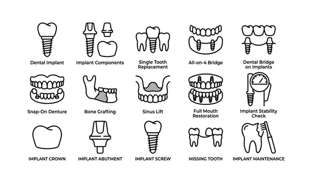 Dental implant and restoration icons arranged in grid on white