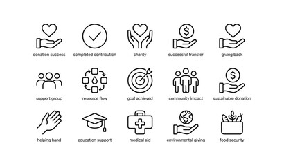 Fototapeta premium Charity and donation icons arranged in grid on white background