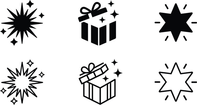 gift box and sparkle star icon set with bold black hand drawn doodle symbols