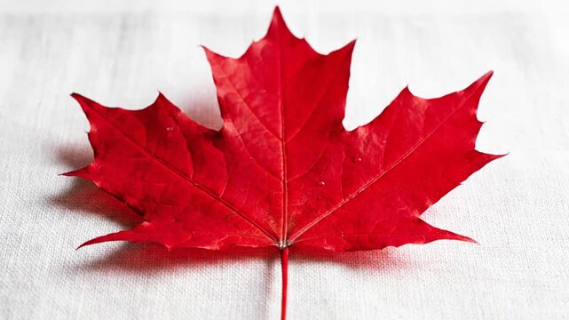 Vibrant red maple leaf on white linen fabric background