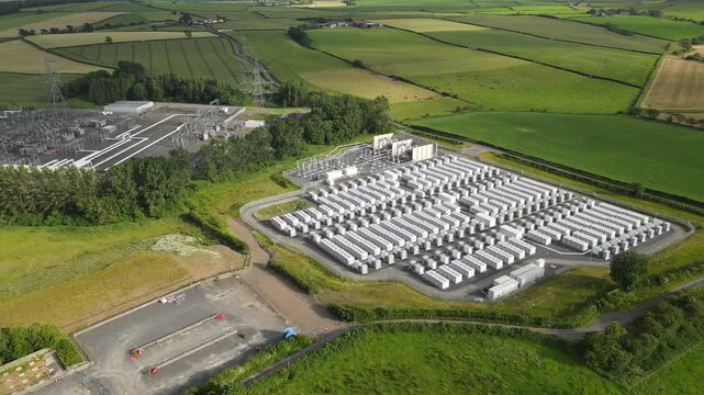 Aerial drone view of Battery Energy Storage System (BESS)  in Scotland