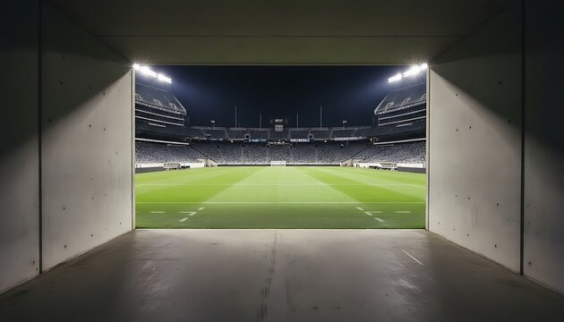 Empty Stadium Tunnel Leading to Illuminated Football Field at Night