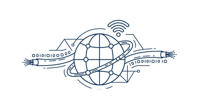 Hand drawn illustration of a global network connection with fiber optics and wifi symbol.