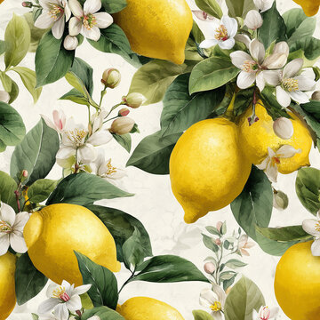 Seamless watercolor lemon pattern with yellow citrus fruits, white blossoms and green leaves on cream background for textile or wallpaper design