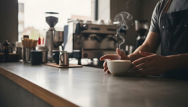 Small Coffee Shop Barista Creating Latte Art with Steamed Milk
