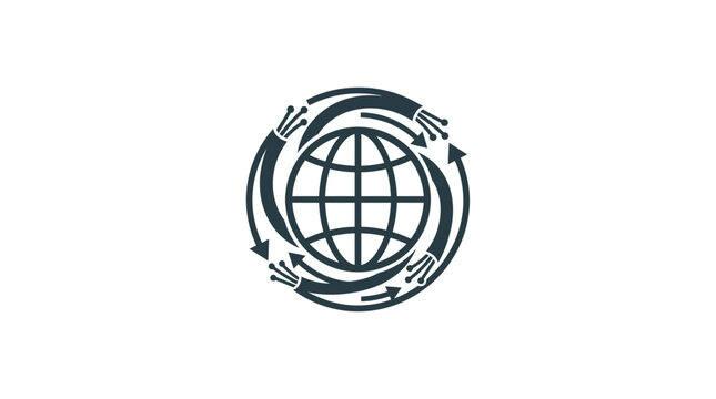 A minimalist icon featuring a globe encircled by fiber optic cables representing global connectivity.