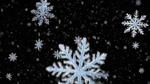 Intricate white snowflakes falling against a deep black background