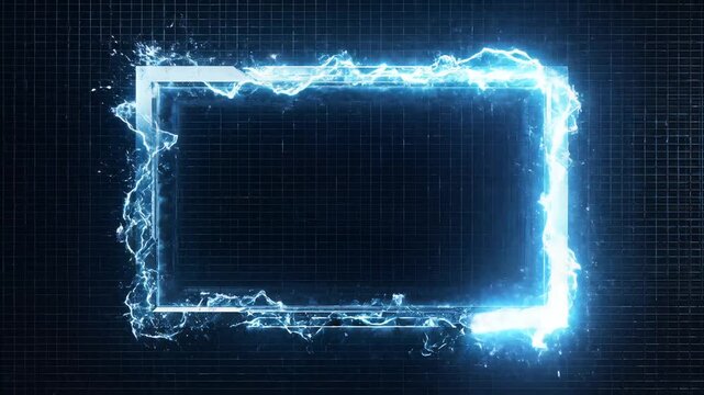 Blue digital electric energy frame border with sparks and particles on dark grid background