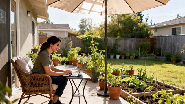 Creative Woman Professional Using AI Technology from Cozy Back Terrace Workspace
