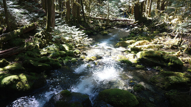 confluence. Two forest streams merging into a single river, blending water currents, mossy rocks, dappled sunlight through trees. ESG reports.
