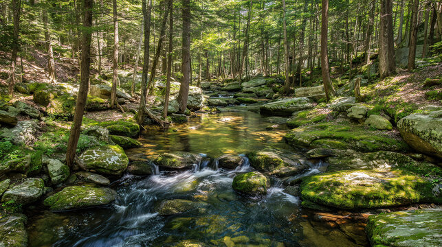 confluence. Two forest streams merging into a single river, blending water currents, mossy rocks, dappled sunlight through trees. ESG reports.
