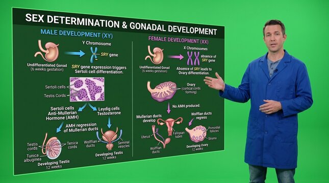 Man explaining sex determination and gonadal development on a green board