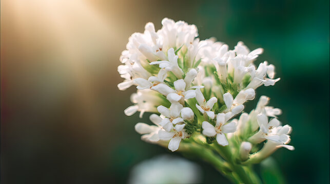 valerian. White valerian flowers swaying softly during golden hour in a botanical setting. gardening catalogs, home-decor guides, designed for home decor and floral branding, promotes healthy living.
