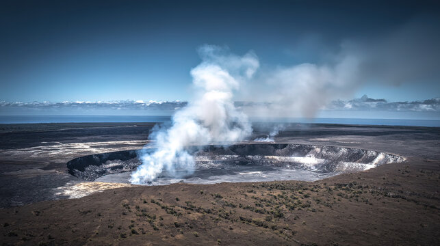 fumarole. Volcanic crater emitting white smoke against a rocky landscape. ESG reports, sustainability campaigns, designed for environmental awareness campaigns, used by sports marketers.
