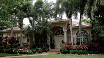 Obraz premium Luxurious Tropical Home with Lush Greenery and Palm Trees.