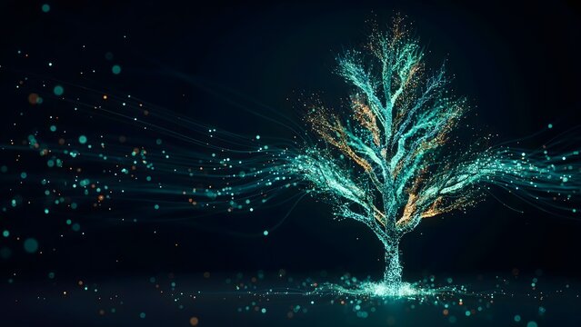 Luminous teal and gold particle tree in a dark void &ndash; Suitable for environmental innovation, data tracking, or high-tech energy flows.