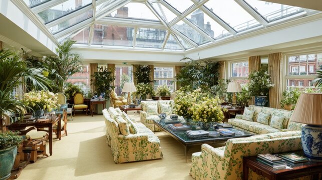 Luxurious sunlit living room with glass roof and abundant indoor plants.