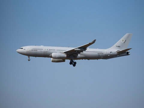 PRAGUE, Czech Republic - JUNE 27, 2026: NATO Multinational Multi-Role Tanker Transport Fleet (MMF) Airbus A330 MRTT military aircraft on final approach for landing against a clear blue sky.
