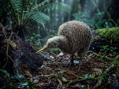 Kiwi Bird in Its Natural Habitat, New Zealand Wilderness Landscape