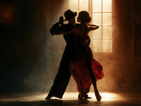 Dramatic silhouette of a passionate couple dancing Argentine tango in a dark smoky ballroom illuminated by soft backlight from a large window showcasing sensual classic romantic motion and posture