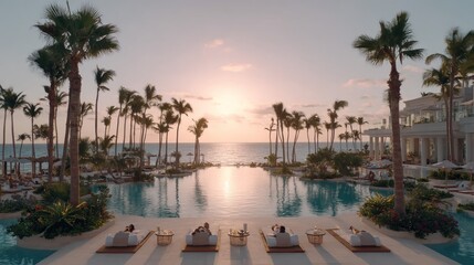 Fototapeta premium Luxury Resort Poolside at Sunset with Palm Trees and Ocean View.