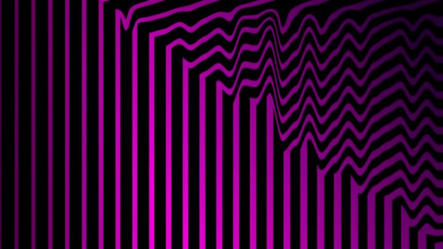 Abstract geometric digital art with purple and magenta neon straight lines, wavy patterns on dark background. Suitable for backgrounds, covers, and designs.