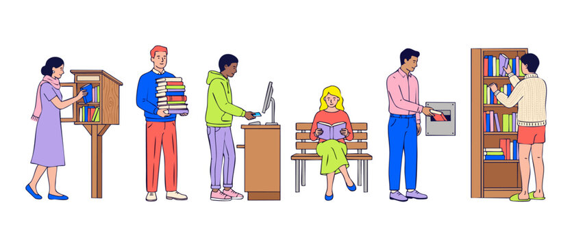 People reading and sharing books in library concept vector illustration set with diverse characters holding, borrowing, and returning literature in flat style isolated on white background for educatio