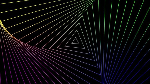 Neon geometric triangles  spiral patterns with symmetrical digital abstract visual effect for modern designs. Ideal for backgrounds, web designs, and digital art projects.