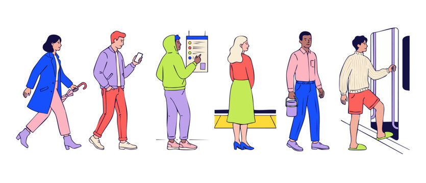 Commuters public transit vector illustration showing diverse people waiting at subway station platform boarding train carriage and walking with umbrella flat colorful design isolated on white set art.